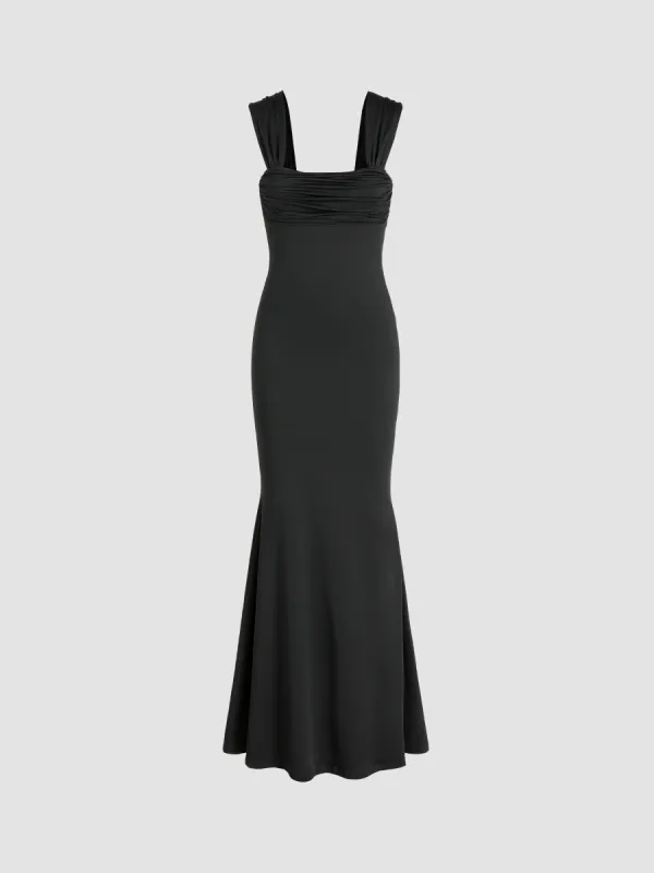 Solid Ruched U-neckline Ruffle Maxi Dress sold by Cider