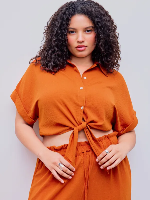 Woven Collar Solid Roll-up Sleeve Knotted Blouse Curve & Plus sold by Cider