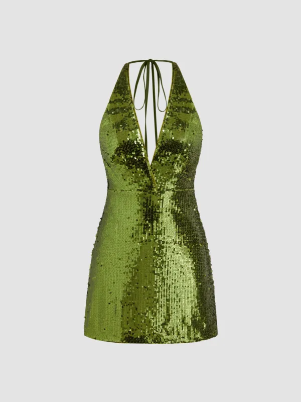 Sequin V-neck Halter Knotted Mini Dress sold by Cider