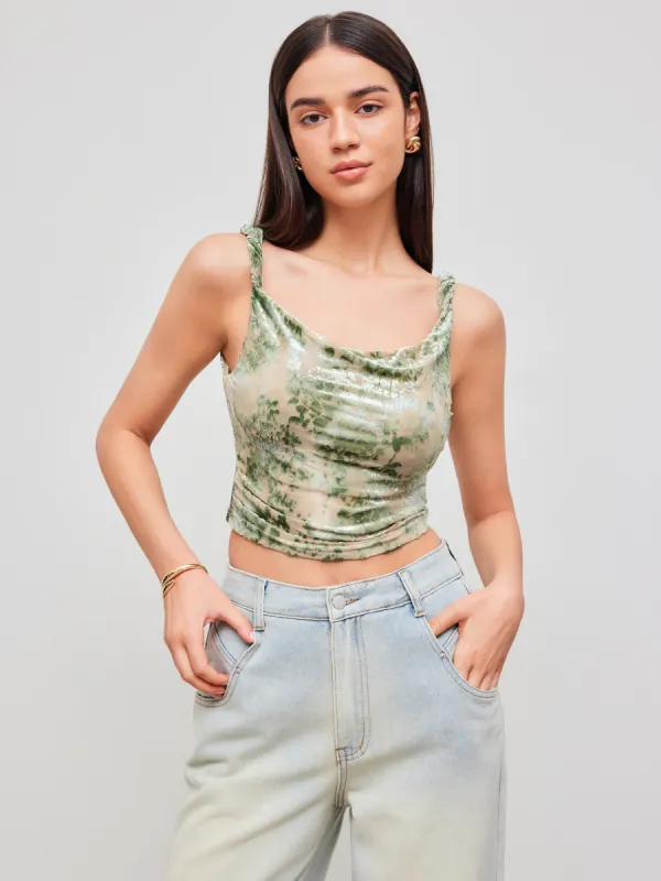 Mesh U-neckline Floral Ruched Crop Cami Top sold by Cider