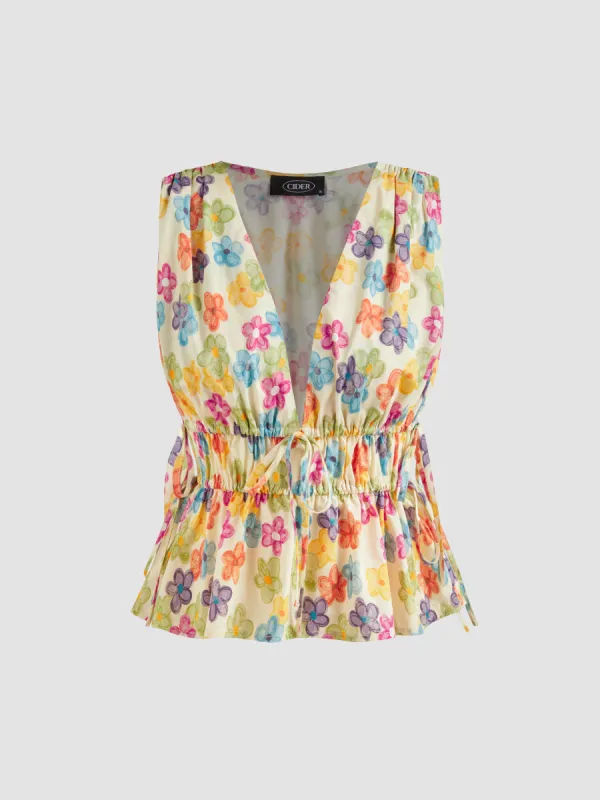 V-neck Floral Knotted Ruffle Crop Tank Top sold by Cider