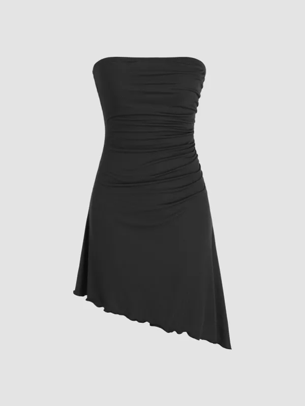 Solid Ruched Asymmetrical Ruffle Hem Tube Mini Dress sold by Cider