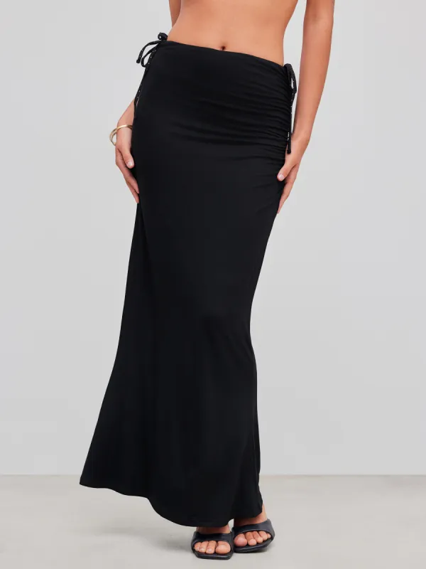 Mid Rise Solid Ruched Maxi Skirt sold by Cider