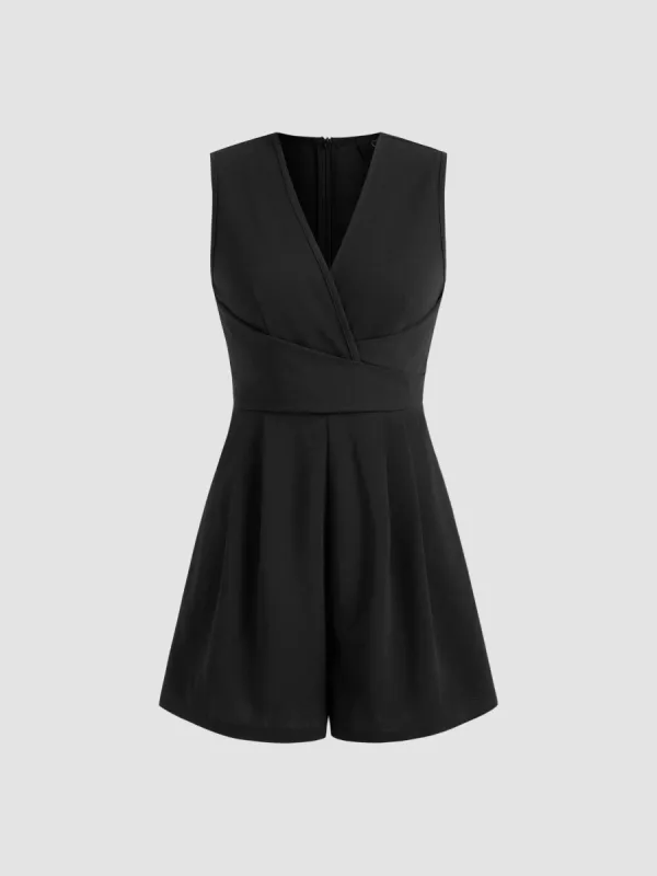 V-neck Solid Wrap Pleated Pocket Romper sold by Cider