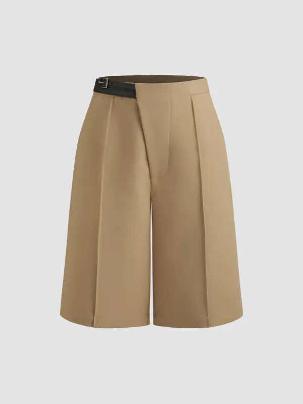 Woven Mid Rise Solid Belted Shorts sold by Cider