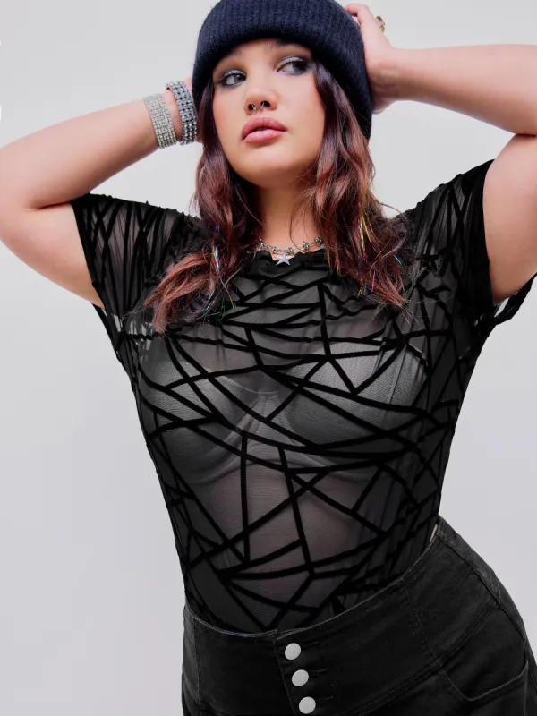 Mesh Round Neckline Geometric Bodysuit Curve & Plus sold by Cider