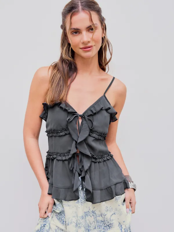 V-neck Knotted Lettuce Trim Solid Cami Top sold by Cider