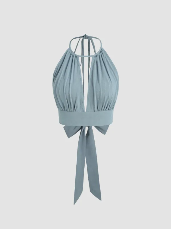V-neck Bowknot Backless Knotted Crop Top sold by Cider