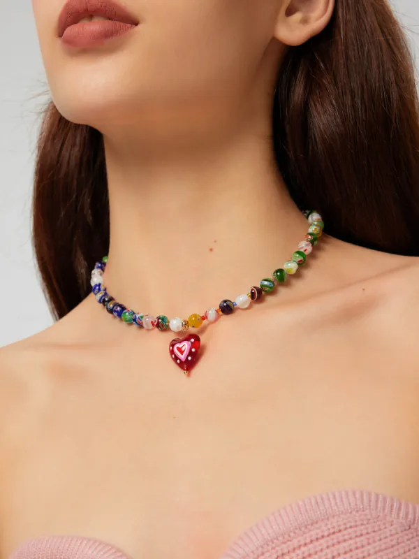 Glass Beaded Heart Decor Pendant Necklace sold by Cider