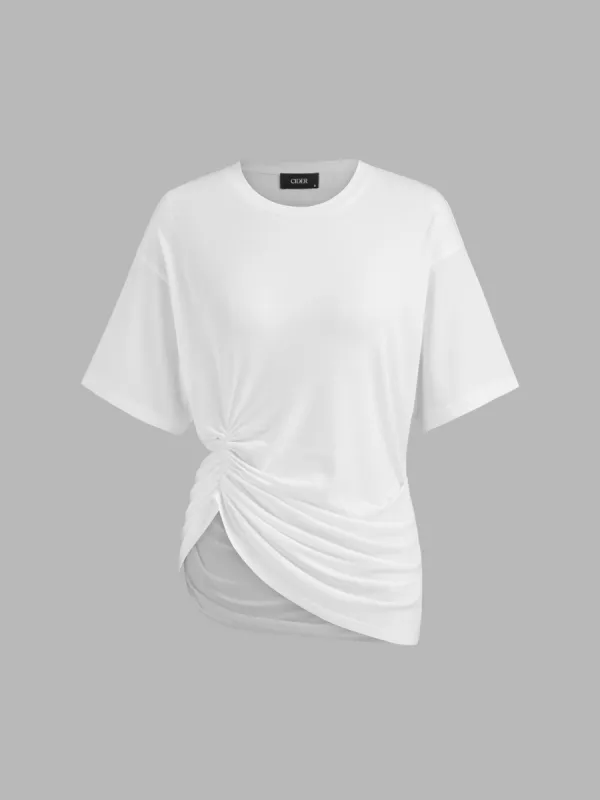 Round Neck Ruched Asymmetrical Short Sleeve Tee sold by Cider