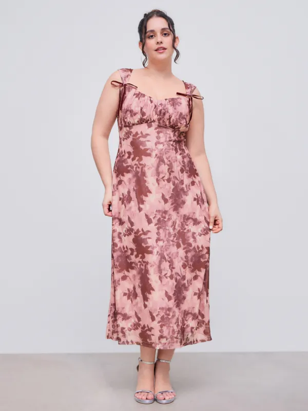 Mesh Square Neck Floral Bowknot Midi Dress Curve & Plus sold by Cider