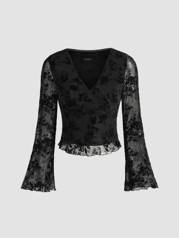Lace Floral V-neck Long Sleeve Crop Blouse sold by Cider