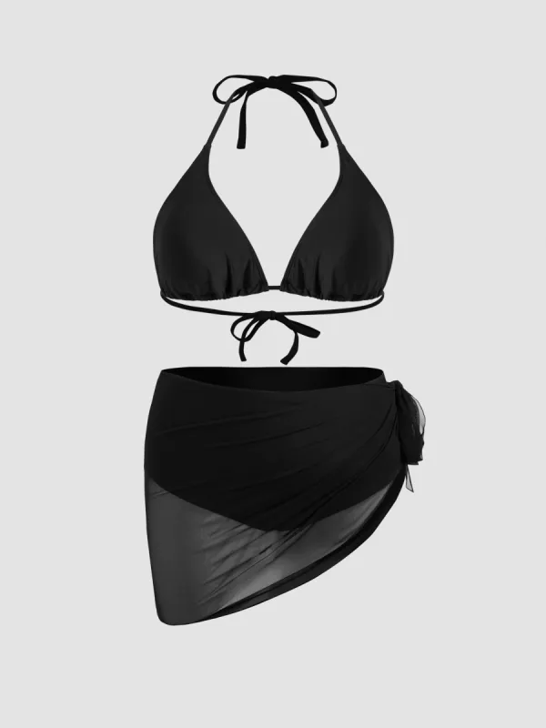 V-neck Solid Knotted Triangle Cheeky Bikini Set With Mesh Sarong Curve & Plus made by Cider