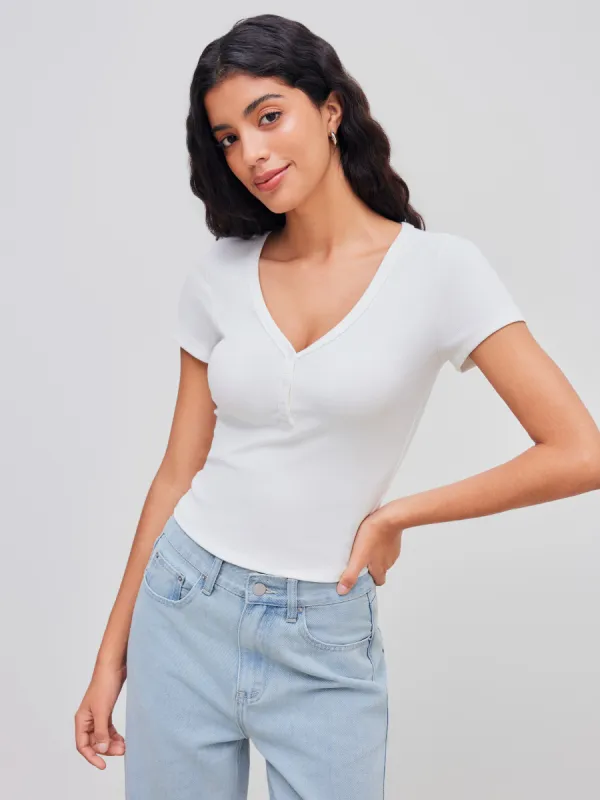 Cotton-blend V-neck Solid Button Short Sleeve Tee sold by Cider