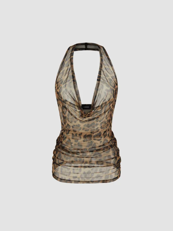 Mesh Halter Cowl Neck Leopard Ruched Top sold by Cider