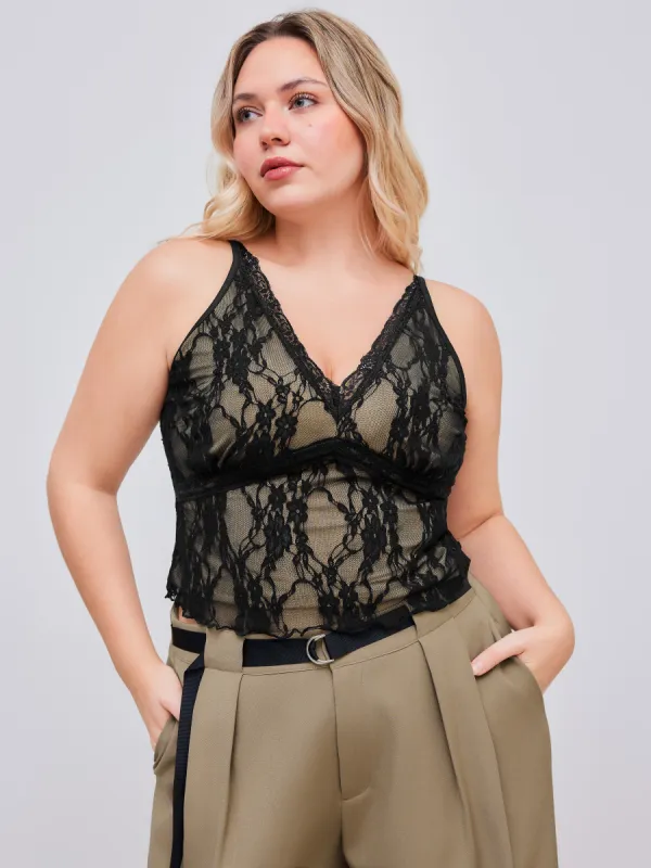 Mesh Lace V-neck Trim Tank Top Curve & Plus sold by Cider