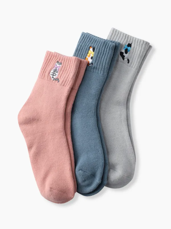 3 Pairs Cat Pattern Crew Socks Set sold by Cider