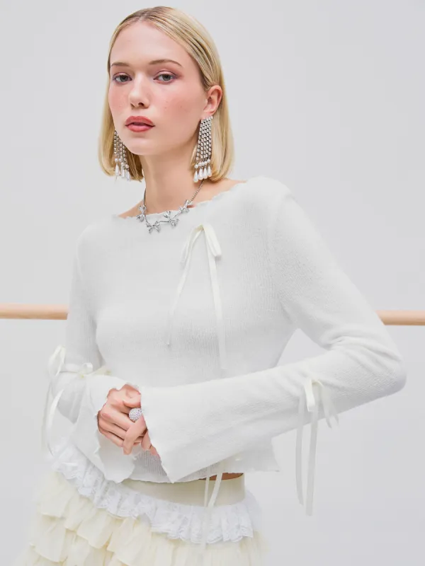 Boat Neck Bowknot Long Sleeve Top sold by Cider