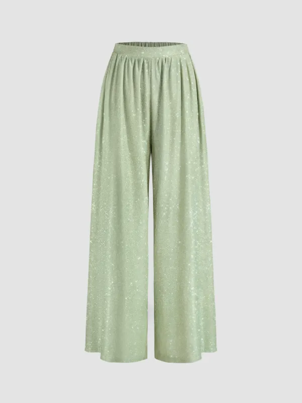 Sequin Mid Rise Solid Pocket Wide Leg Trousers sold by Cider