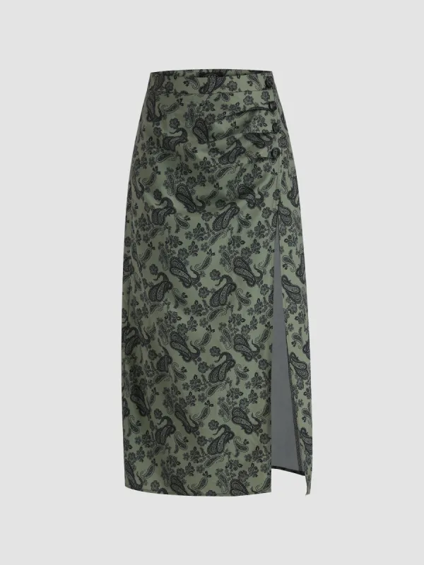 Paisley Pattern Slit Long Skirt sold by Cider