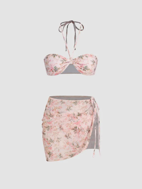 Halter Floral Cheeky Bikini Swimsuit With Mesh Sarong made by Cider