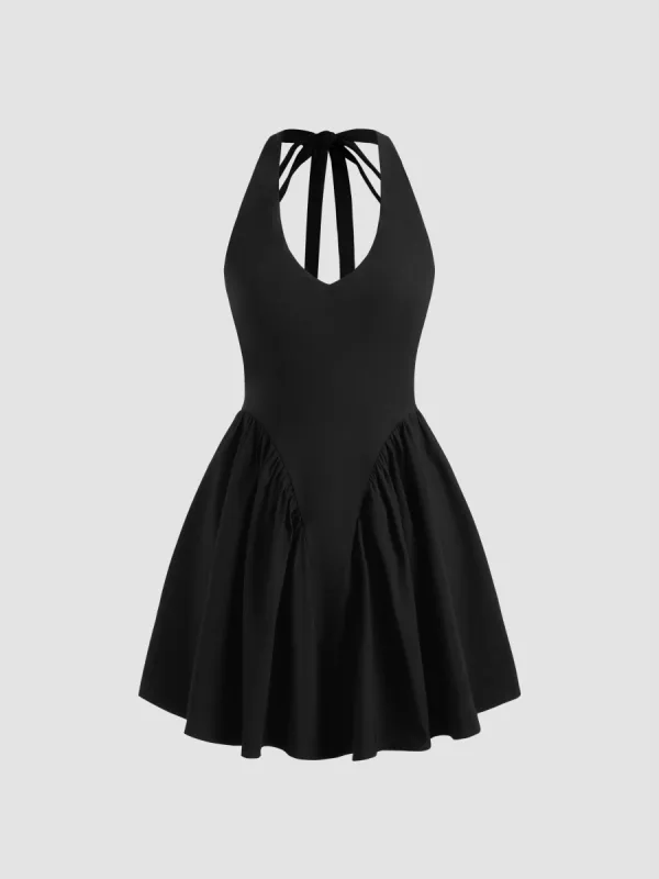 V-neck Solid Knotted Ruffle Halter Mini Dress sold by Cider