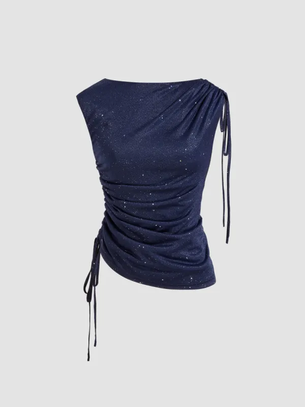 Boat Neckline Solid Rhinestone Glitter Drawstring Ruched Knotted Tank Top sold by Cider