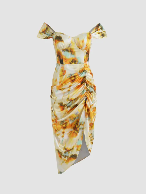 knee length dresses for ladies Chiffon Illusion Neck Midi Dress With 3D Flowers main image 1