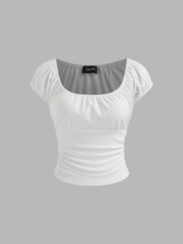 Cotton-blend Scoop Neckline Solid Ruched Short Sleeve Jersey Top sold by Cider