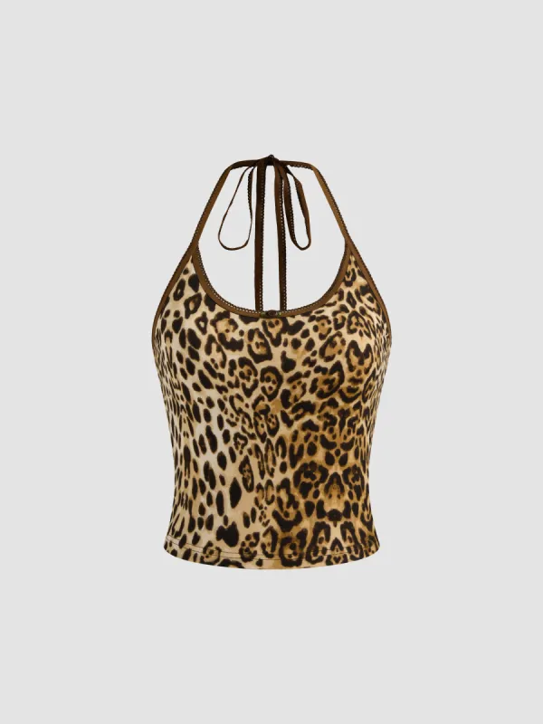 Halter Neckline Leopard Knotted Crop Top sold by Cider