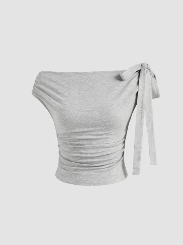 Boat Neck Solid Ruched Bowknot Crop Top sold by Cider