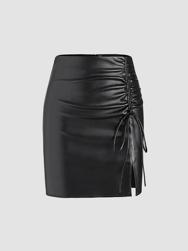 Faux Leather Solid High Waist Ruched Split Mini Skirt sold by Cider