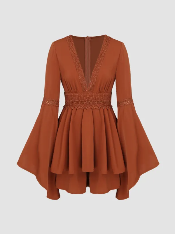 Solid Lace V-neck Bell Sleeve Playsuit sold by Cider