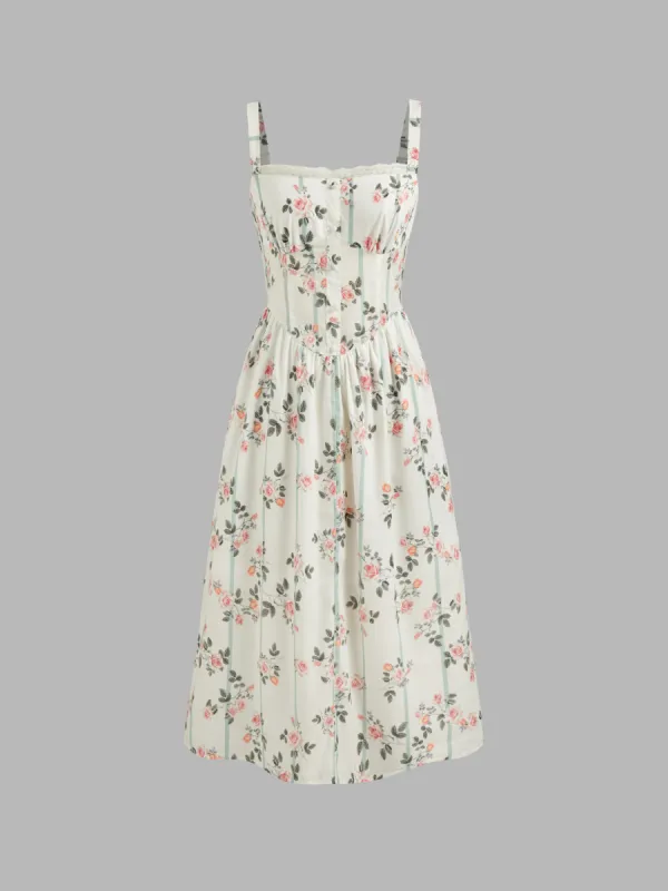 Square Neck Floral Lace Trim Shirred Maxi Dress sold by Cider