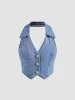 Denim V-neck Solid Button Halter Crop Top sold by Cider