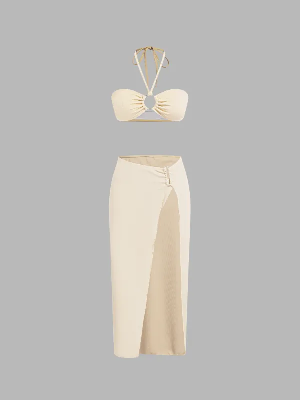 V-neck Solid O-Ring Halter Cheeky Bikini Swimsuit With Cover Up Beach Skirt made by Cider