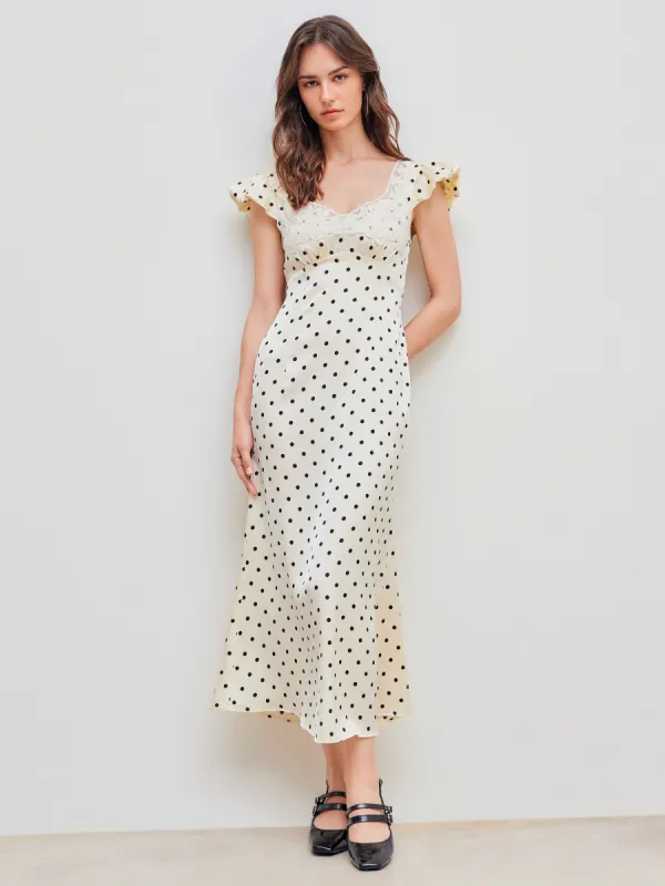 Woven Sweetheart Polka Dot Lace Trim Maxi Dress sold by Cider