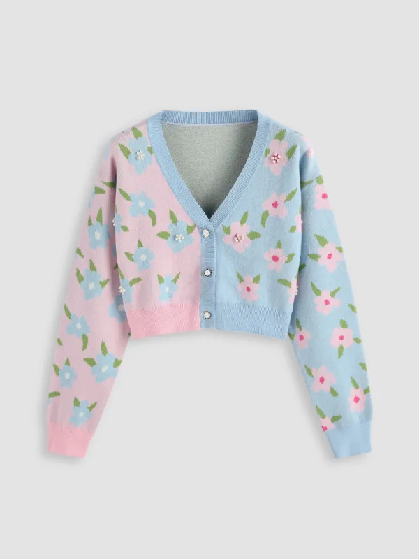Two Tone Button Up Floral Faux Pearl Crop Cardigan sold by Cider