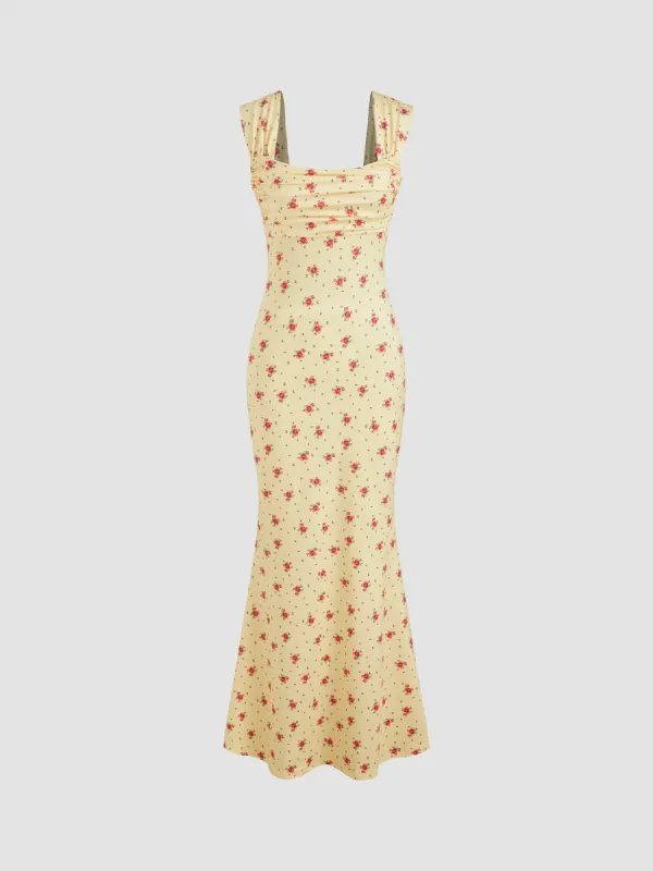 Square Neck Floral Ruched Maxi Dress sold by Cider