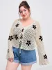 Knitted V-neck Floral Knotted Hollow Out Cardigan Curve & Plus sold by Cider