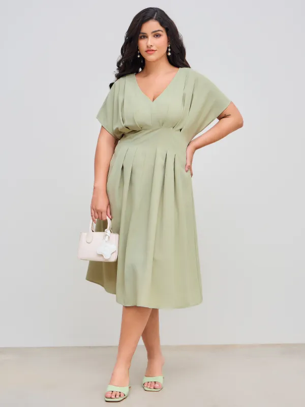 Woven V-neck Solid Pleated Midi Dress Curve & Plus sold by Cider