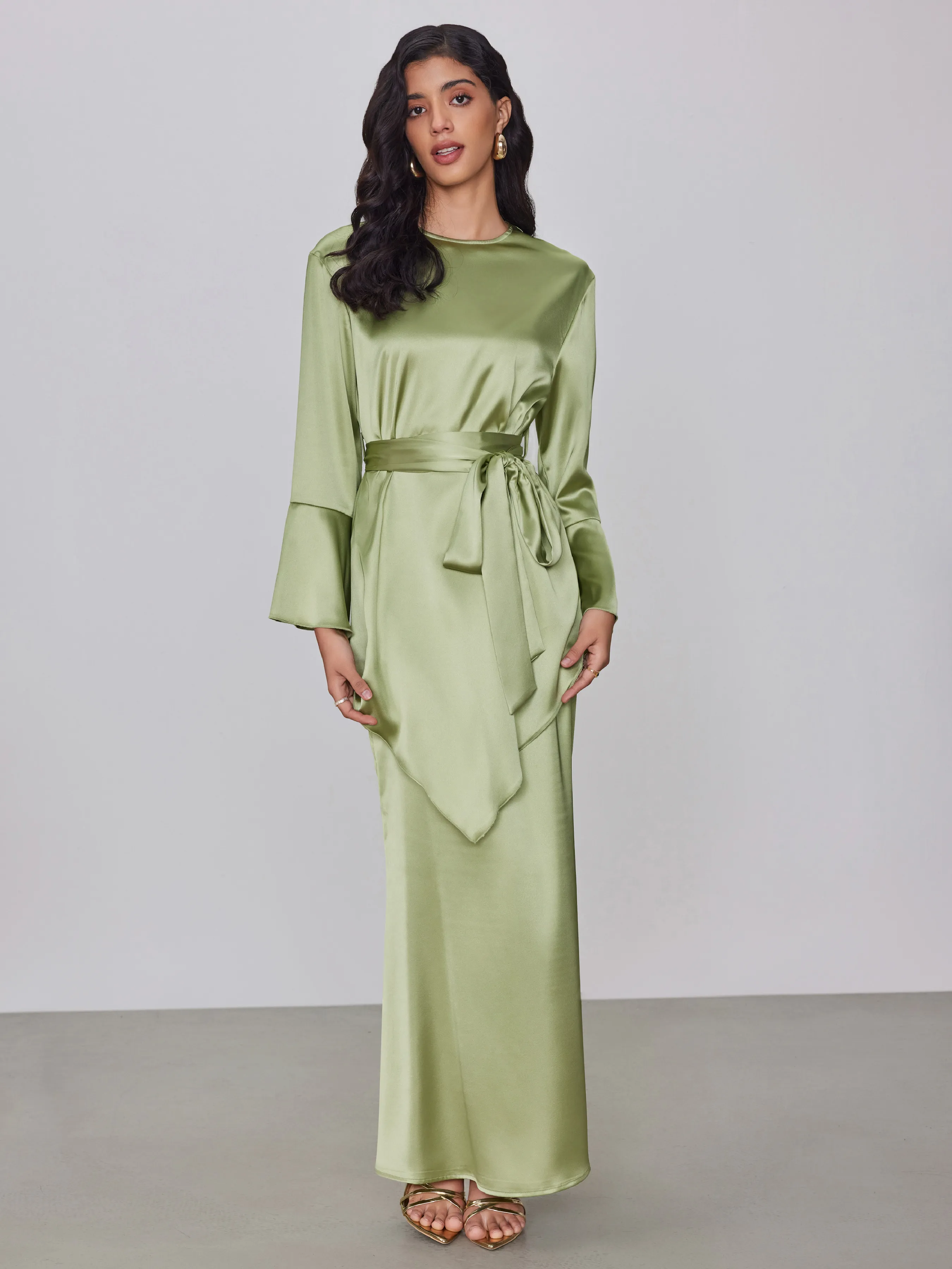 Round Neck Lace Up Long Sleeve Blouse & Maxi Skirt sold by Cider