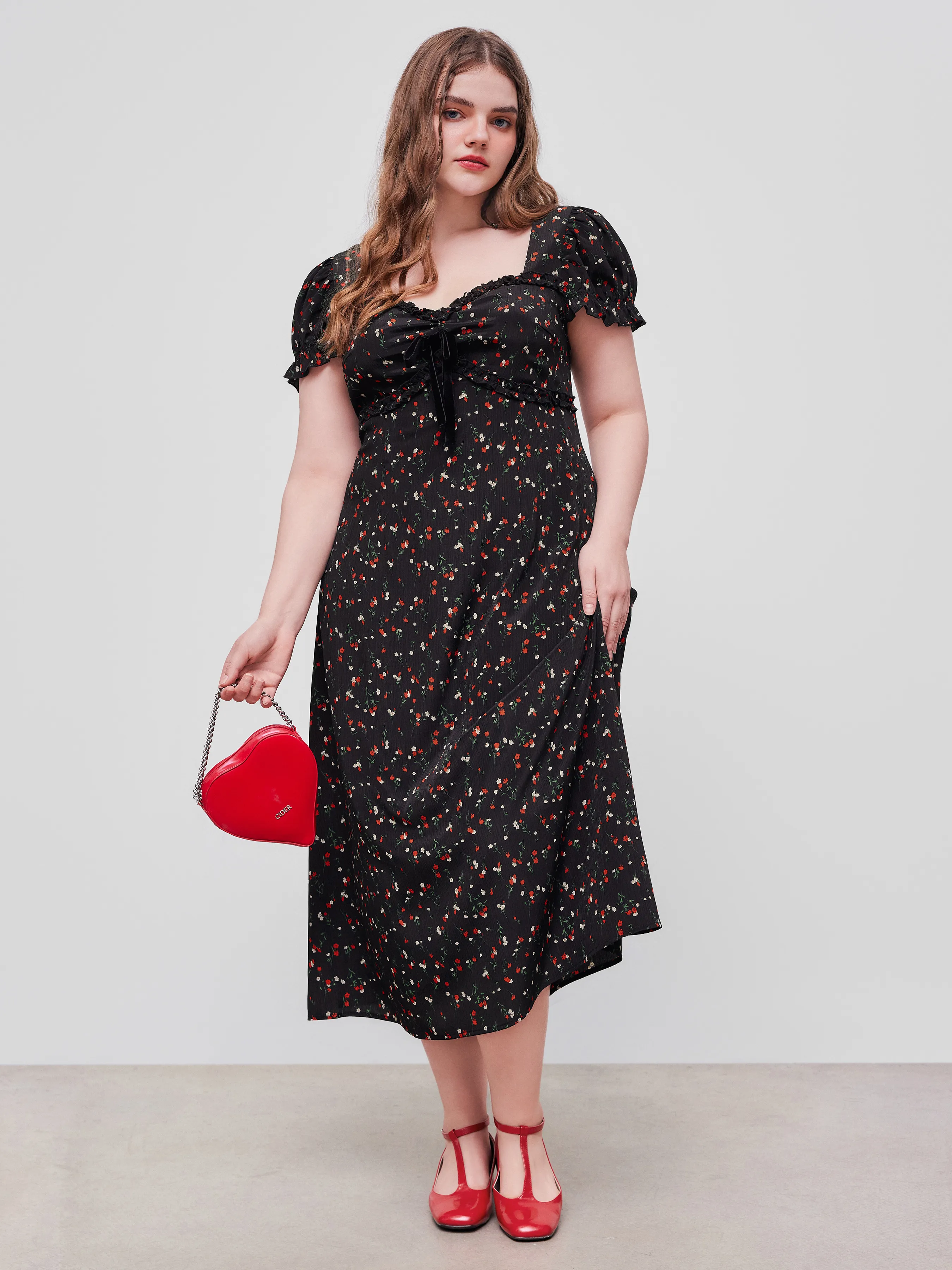 Woven Sweetheart Floral Bowknot Puff Sleeve Midi Dress Curve & Plus sold by Cider