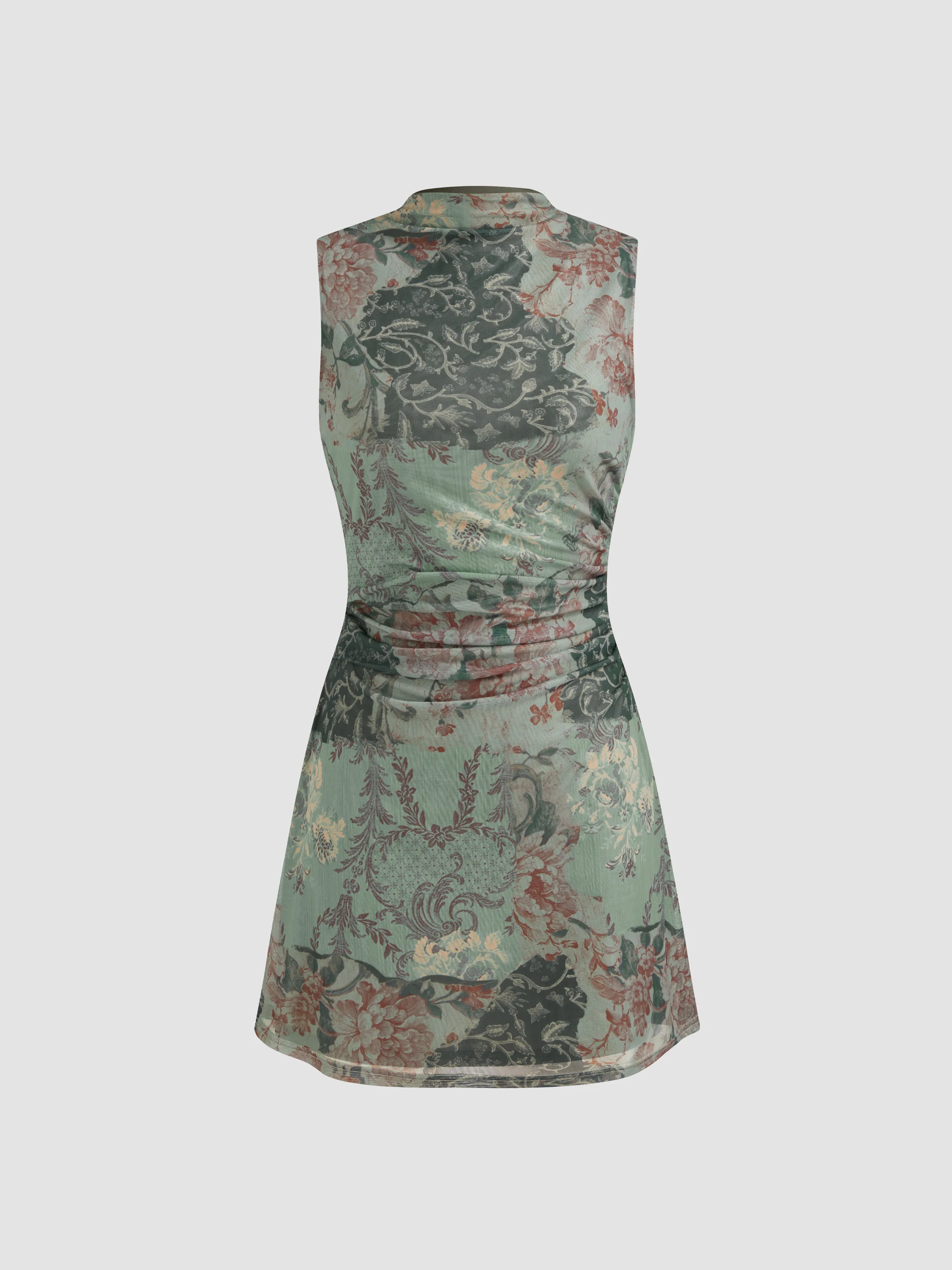 Mesh Stand Collar Floral Ruched Mini Dress sold by Cider