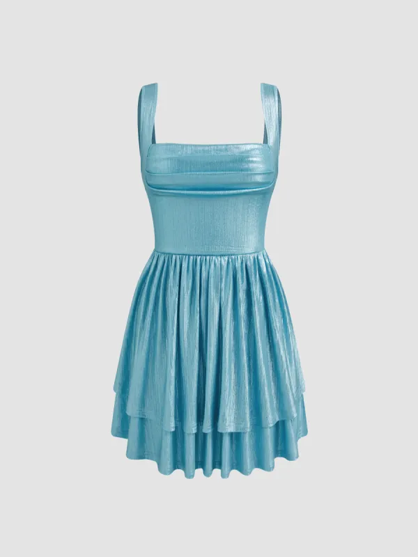 Metallic Square Neck Ruffle Tiered Mini Dress sold by Cider