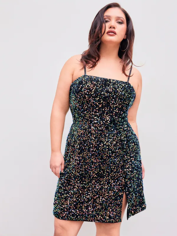 Sequin Square Neck Split Mini Dress Curve & Plus sold by Cider