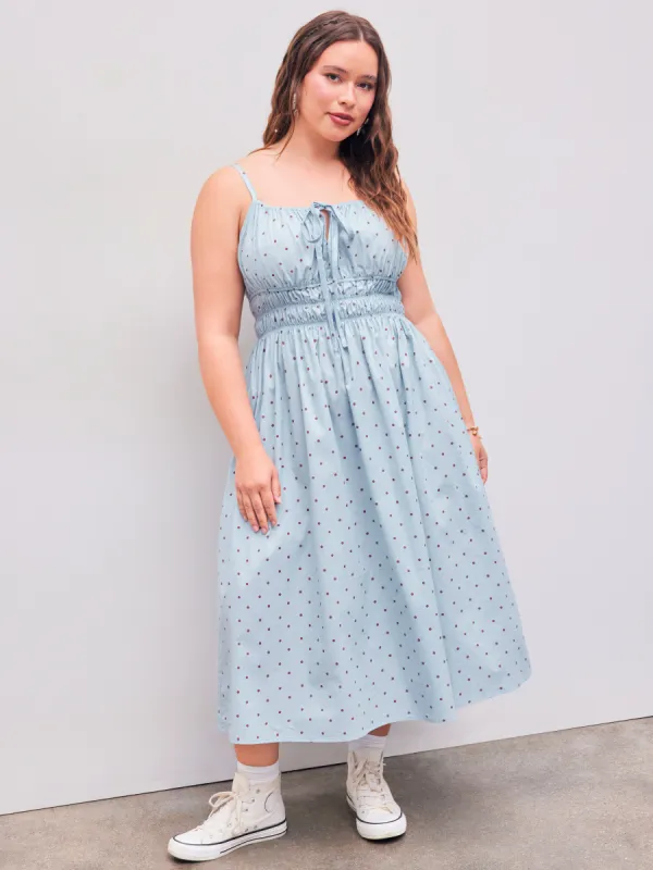 Woven Polka Dots Knotted Ruffle Midi Dress Curve & Plus sold by Cider