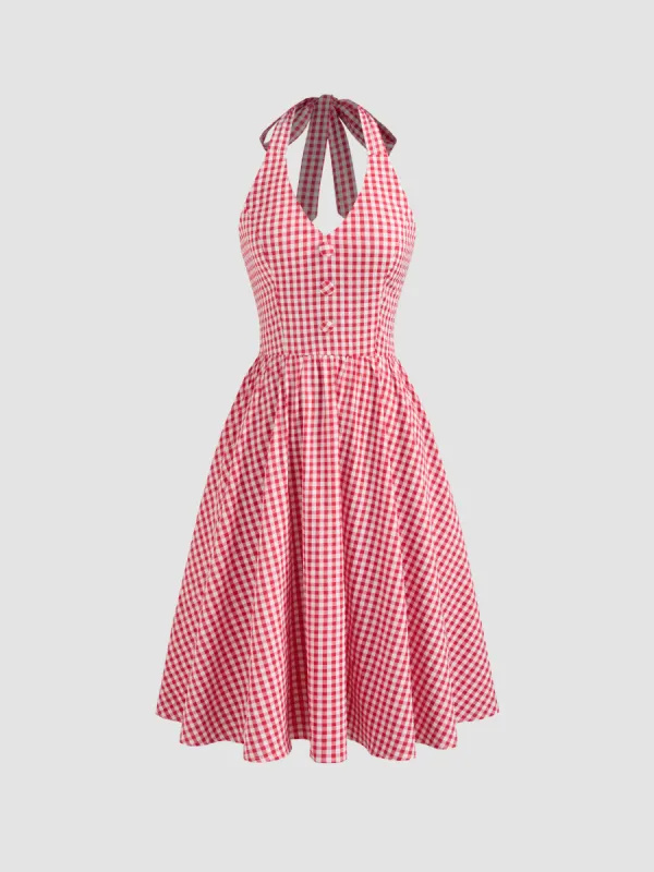 Halter Gingham Knotted Ruffle Midi Dress sold by Cider