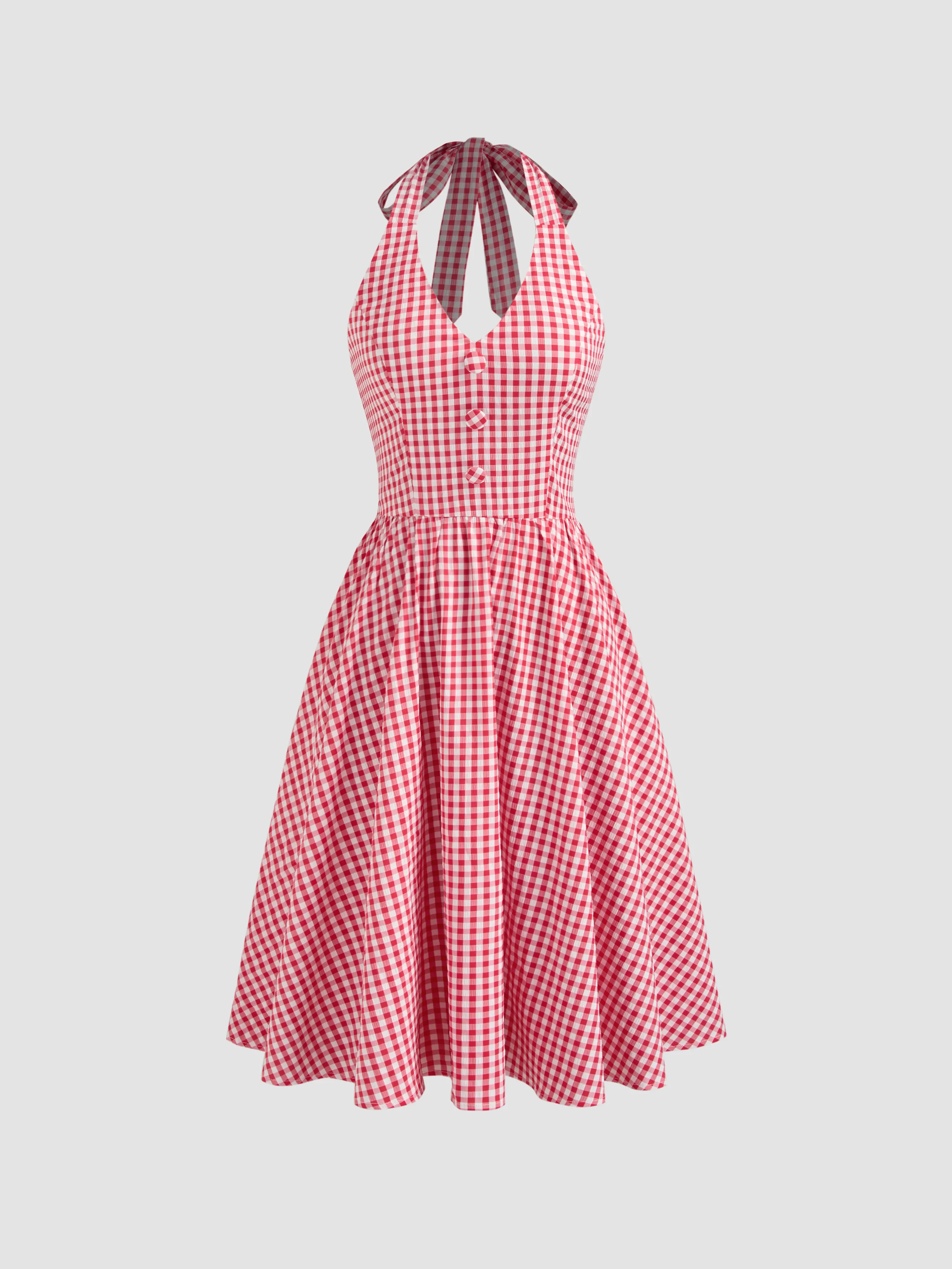 Halter Gingham Knotted Ruffle Midi Dress sold by Cider