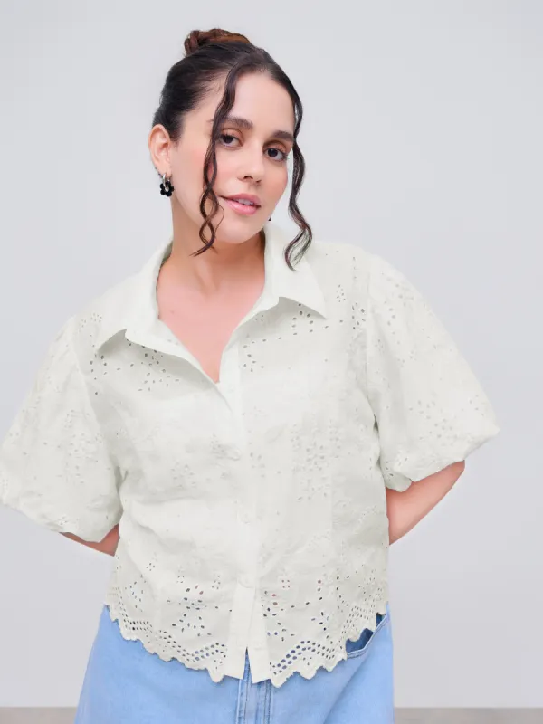 Woven Collar Lettuce Trim Puff Sleeve Blouse Curve & Plus sold by Cider